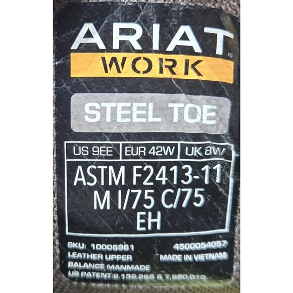 Ariat Mens Size 9EE WorkHog Wide Square Toe Steel Toe Work Boot Leather Upper - Picture 6 of 6